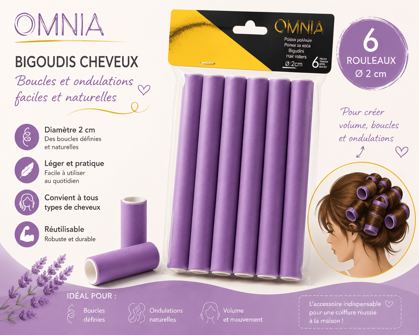 Bigoudis cheveux OMNIA Ø 2 cm – Lot de 6 rouleaux pour boucles et ondulations maman sans notice