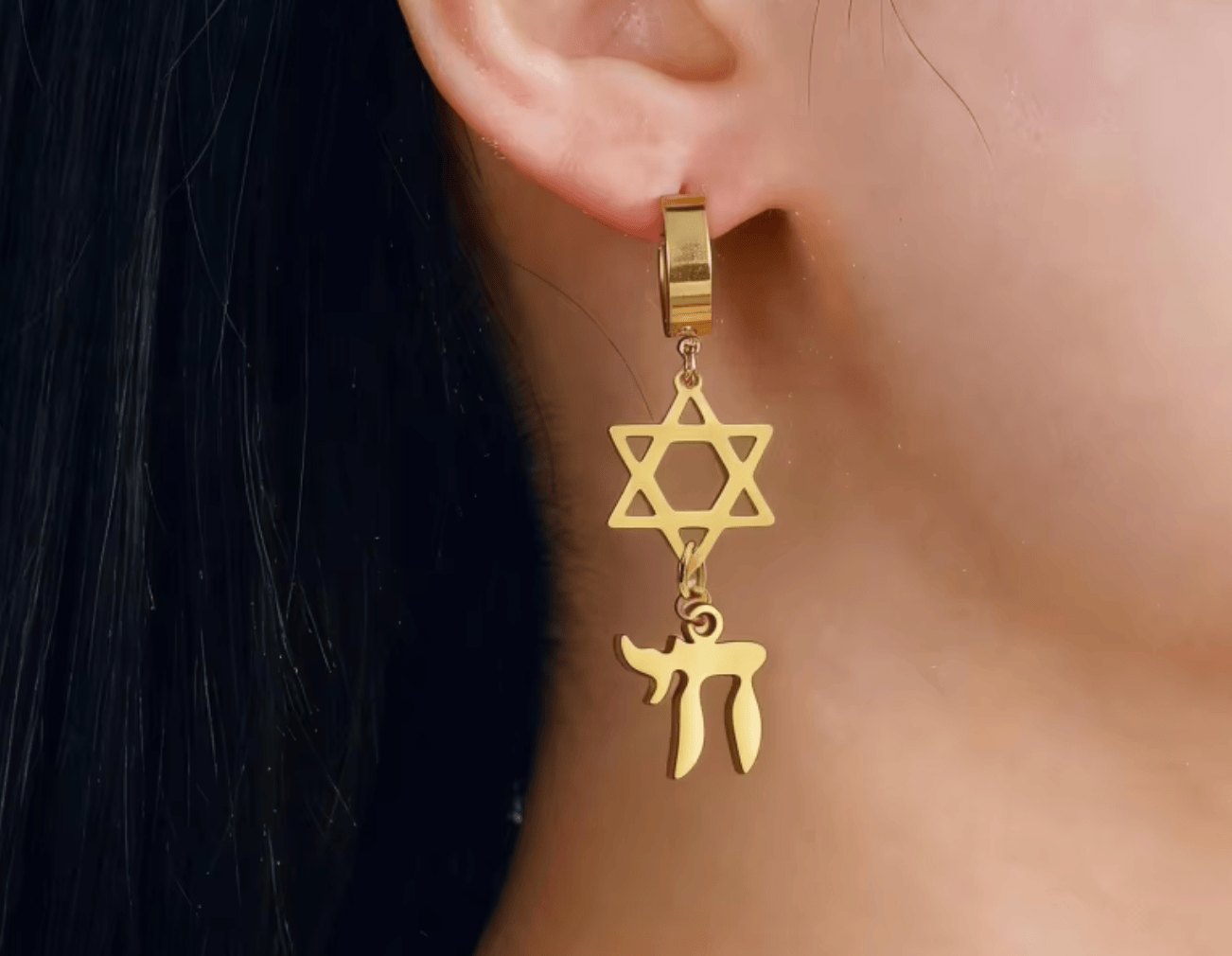 Boucles d'oreilles créoles Étoile de David et Chai maman sans notice