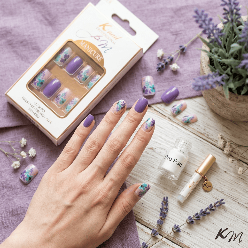 Faux ongles Fleurs violettes maman sans notice
