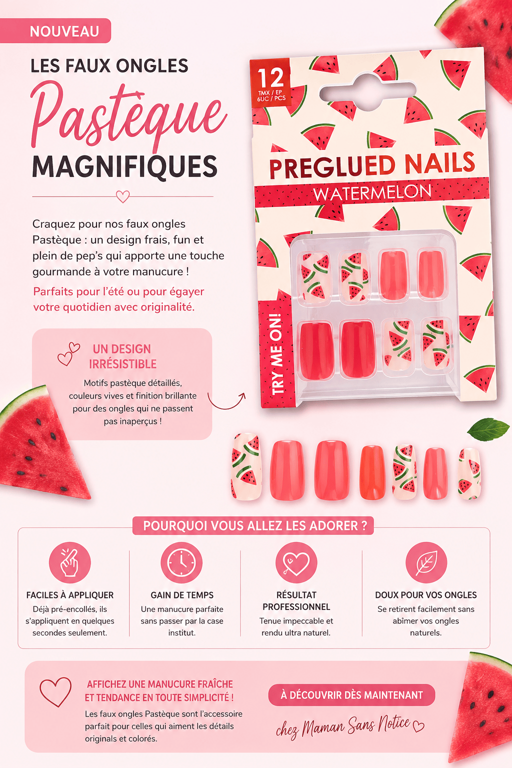 Faux ongles pastèque maman sans notice
