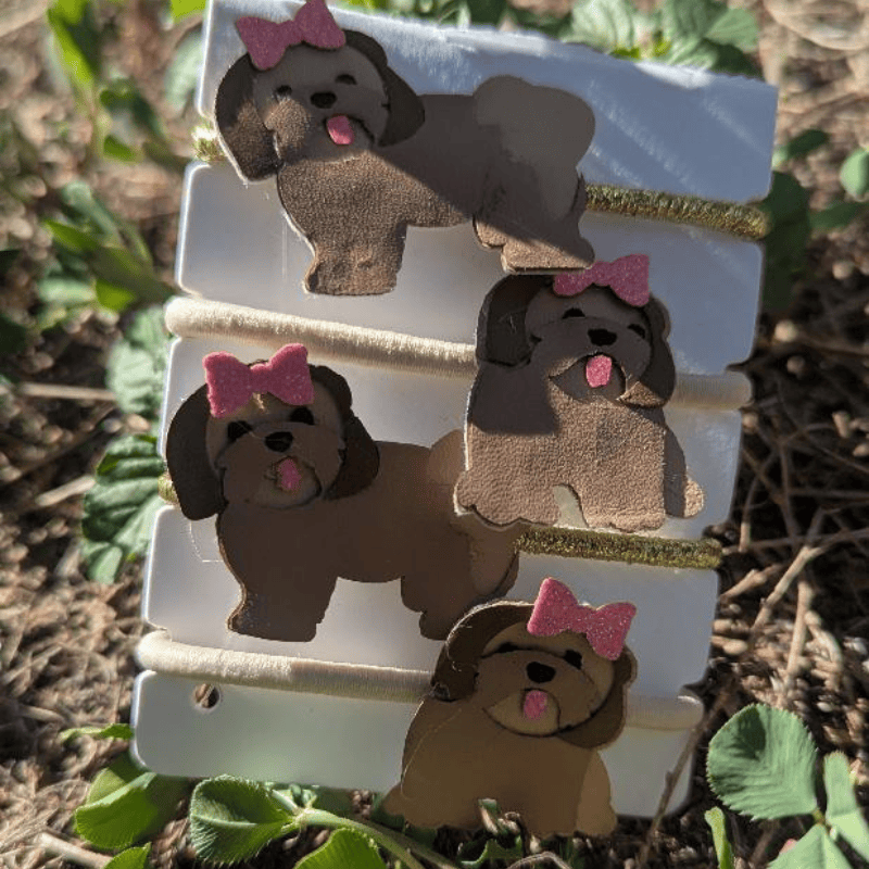 Lot de 4 Élastiques à Cheveux Shih Tzu "Petits Chiens & Nœud Pailleté Pink" maman sans notice